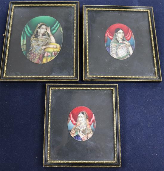 19th century Indian School, three oils on ivory, Portrait miniatures of Dellha Becum, Molli Maled Becum and largest 11.5 x 9cm